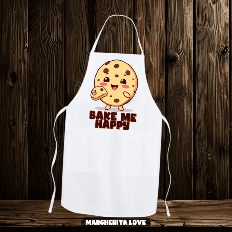 Funny cute cookie character offering a bite, cheerful kitchen apron.