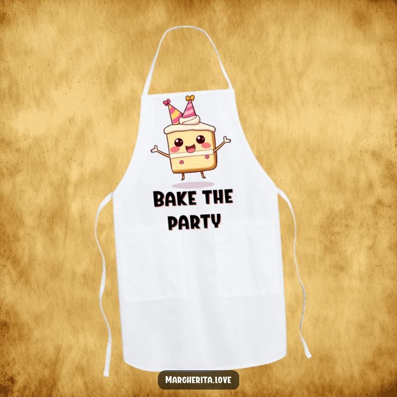 Funny apron with a happy, bouncing cake slice character in a party hat, ready for baking fun.