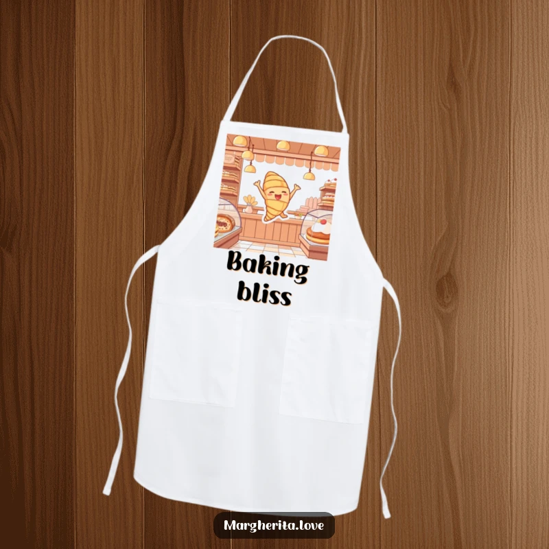 Funny apron showing a cheerful croissant character leaping with joy, ready for baking adventures in the pastry shop.
