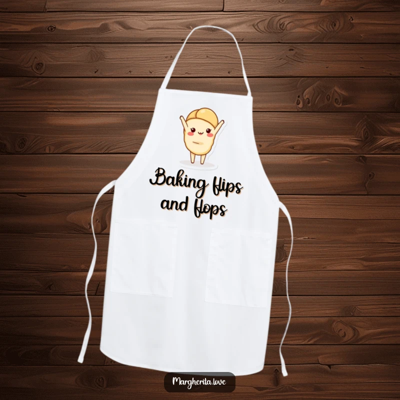 Funny apron designed with a charming croissant character doing a handstand, adding a touch of playful panache to cooking.