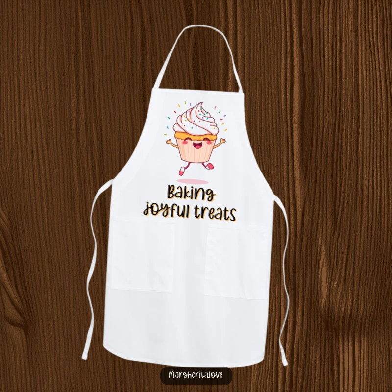 Funny cupcake apron showing a cheerful cupcake character skipping with colorful sprinkles flying, perfect for baking.