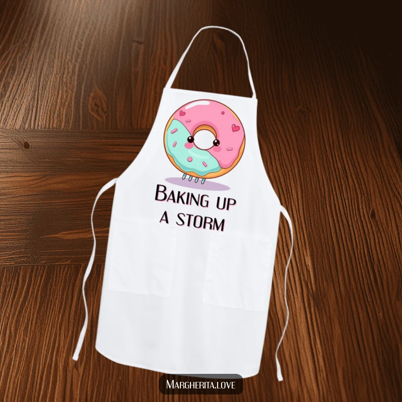Funny spinning donut apron with a gleeful character on a fork, ideal for kitchen use and baking enthusiasts.