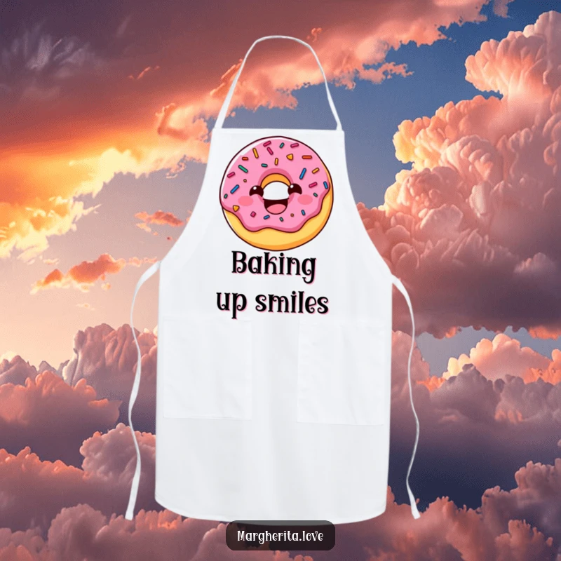 Funny donut apron displaying a charming character with sprinkles, beaming with a wide grin, ideal for kitchen fun and cooking.