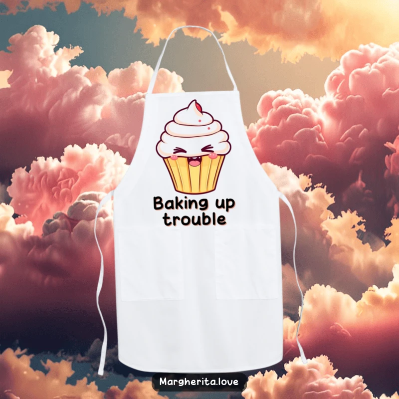 Funny apron designed with a cheerful cupcake winking playfully, adding a touch of sweet mischief to kitchen activities.