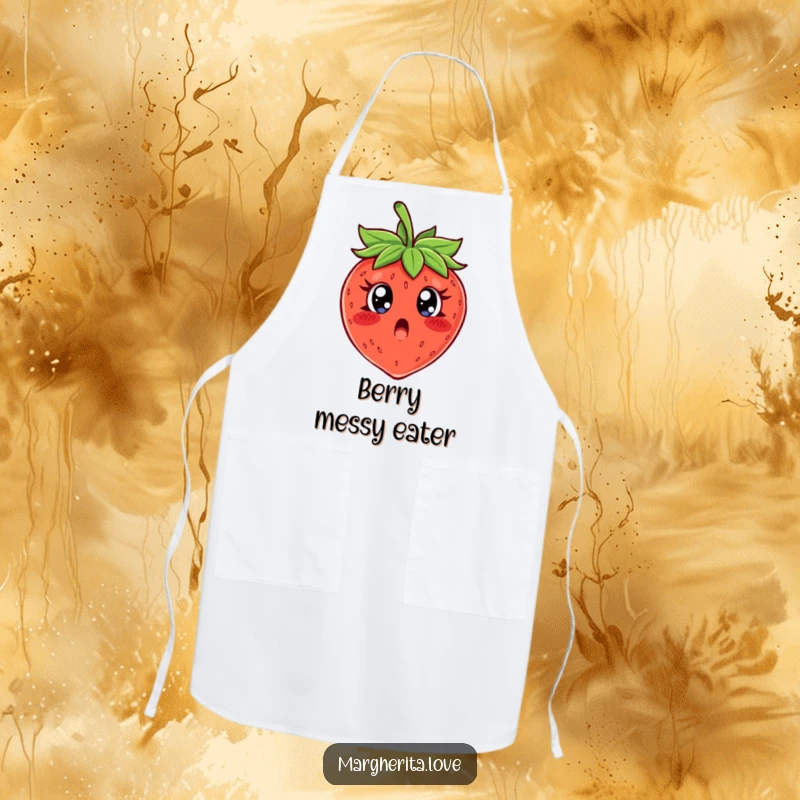 Funny apron featuring a wide-eyed, surprised strawberry character, ideal for comical food preparation.