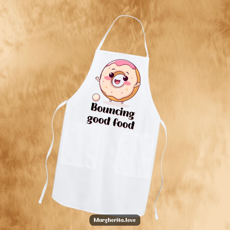 Funny donut apron showing a delighted donut character happily bouncing a small ball, ready for kitchen duties.