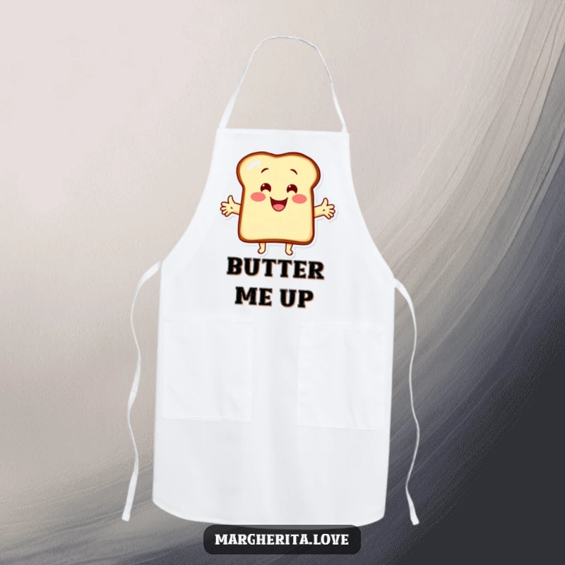 Funny apron showcasing a happy cartoon toast character with arms outstretched, ready to give a warm, cheerful hug. Kitchen fun.