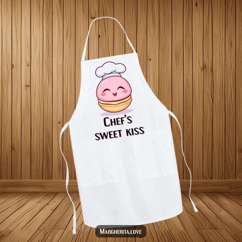 Funny apron with a winking macaron character wearing a tiny chef hat, designed for playful baking sessions.