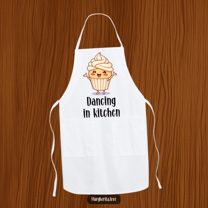 Funny cupcake apron showing a joyful character with frosting doing a little jig, perfect for a fun and cheerful cooking experience.