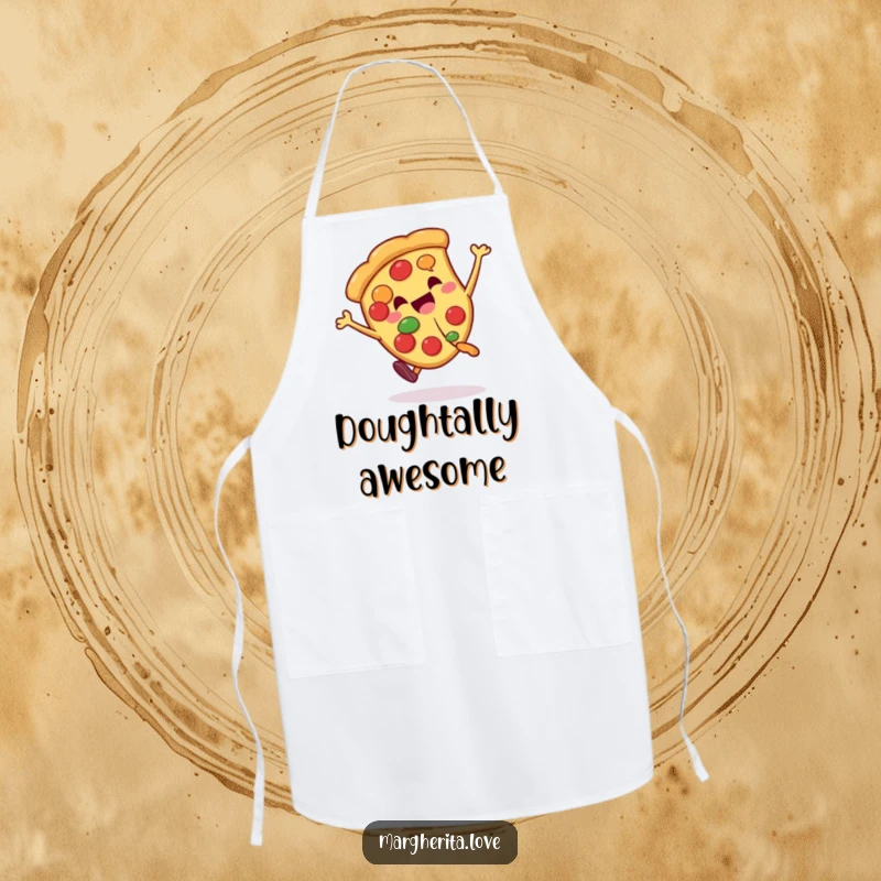 Funny pizza slice character doing a cartwheel, featured on a functional and humorous apron for kitchen enthusiasts.