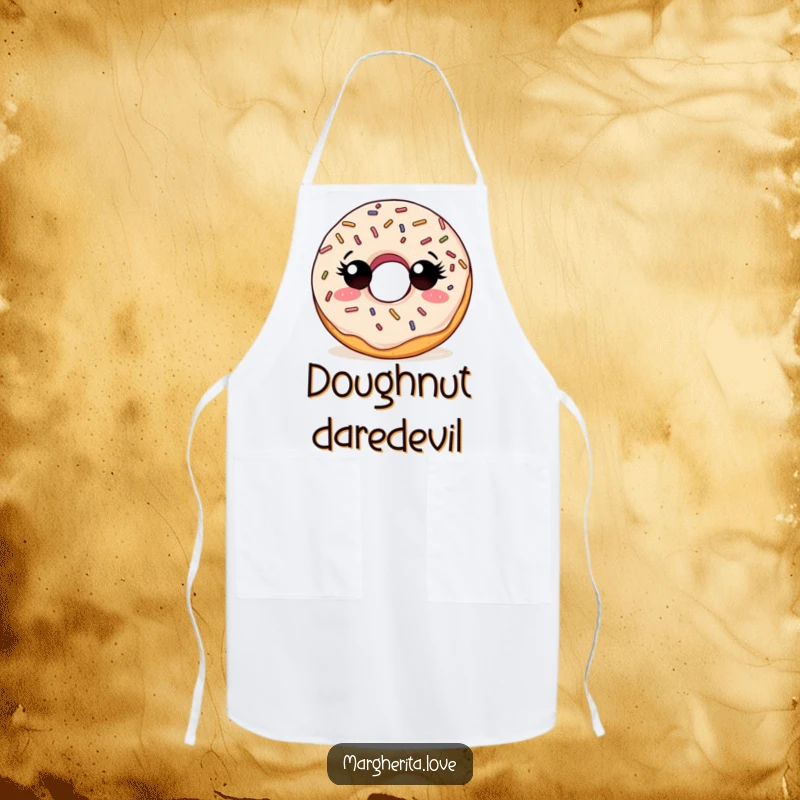 Funny apron with a curious doughnut character and sprinkles, looking around, ready for culinary exploration.
