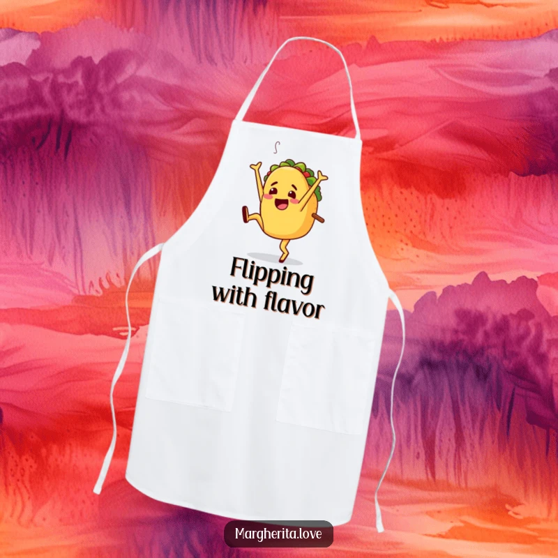 Funny apron featuring a happy taco character doing a cartwheel, ideal for a humorous and festive kitchen experience.