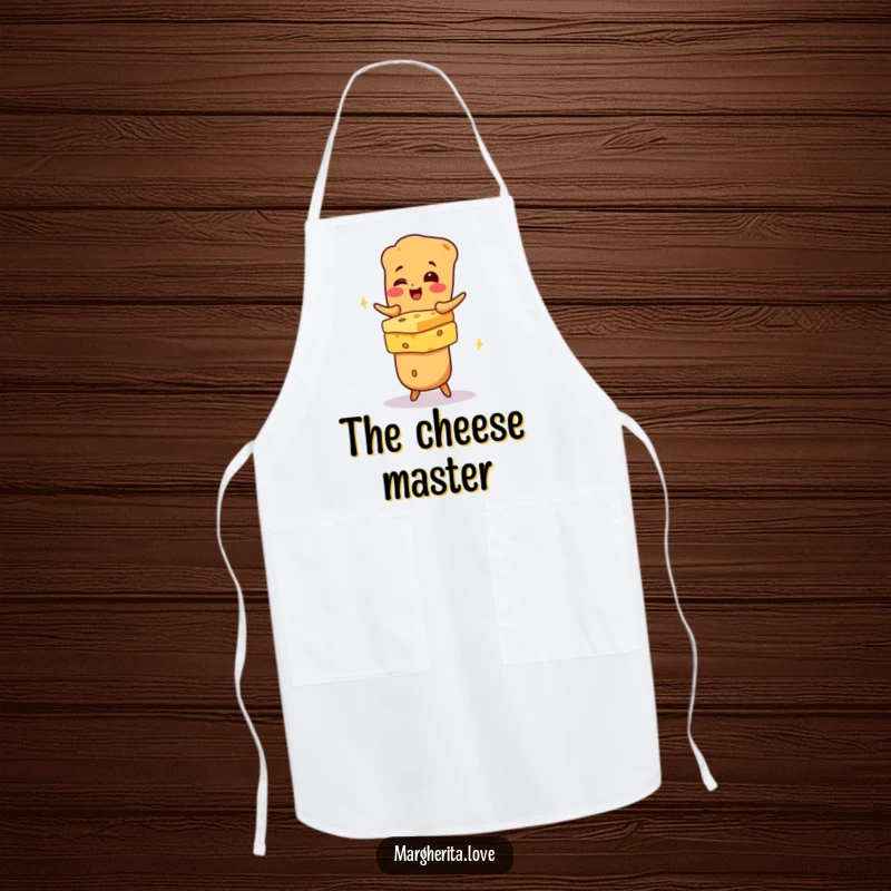 Funny giggling baguette character wearing an apron while balancing cheese, perfect for humorous culinary adventures.