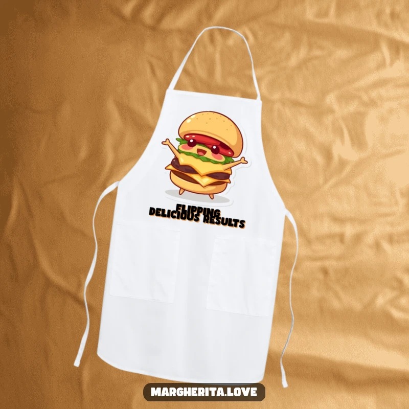 Funny apron depicting a playful burger character happily flipping itself, perfect for adding humor to cooking and grilling.
