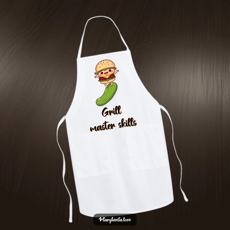 Funny apron showcasing a delighted burger person balancing on a pickle, bringing quirky food humor and kitchen protection.