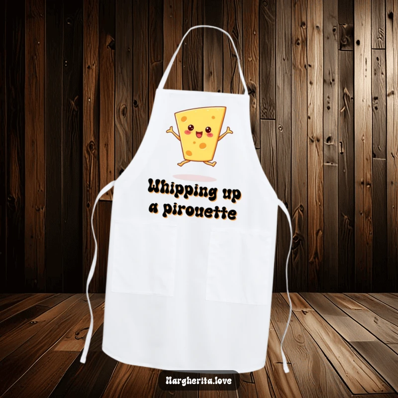 Funny cheese wedge apron performing a ballet pirouette while cooking, ideal for kitchen fun and protection.