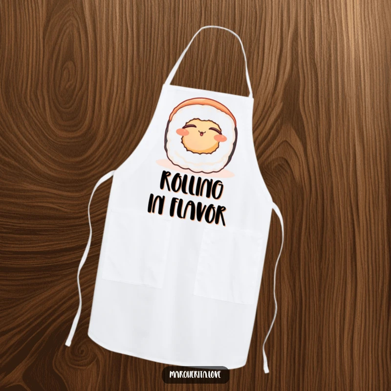 Funny contented sushi roll apron, showing a peaceful sushi roll basking in warmth, ideal for serene cooking.