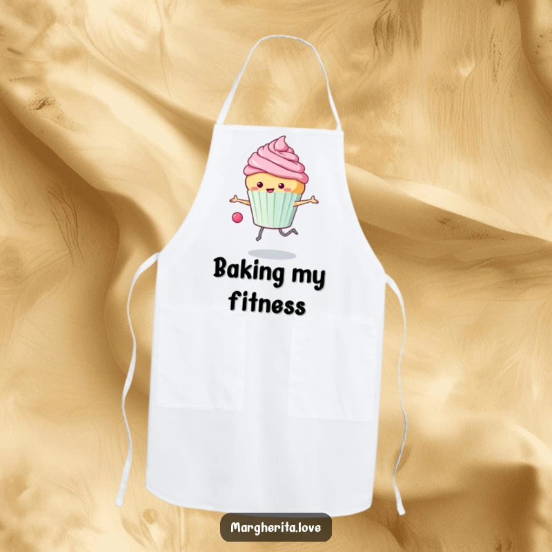 Funny apron: A happy cupcake skips rope with frosting flying, ready for baking adventures with a cheerful twist.