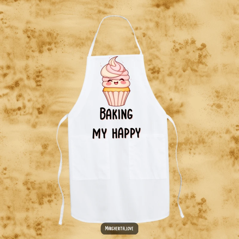 Funny apron showing a playful cupcake with frosting hair, spinning with excitement, perfect for bakers who love fun.