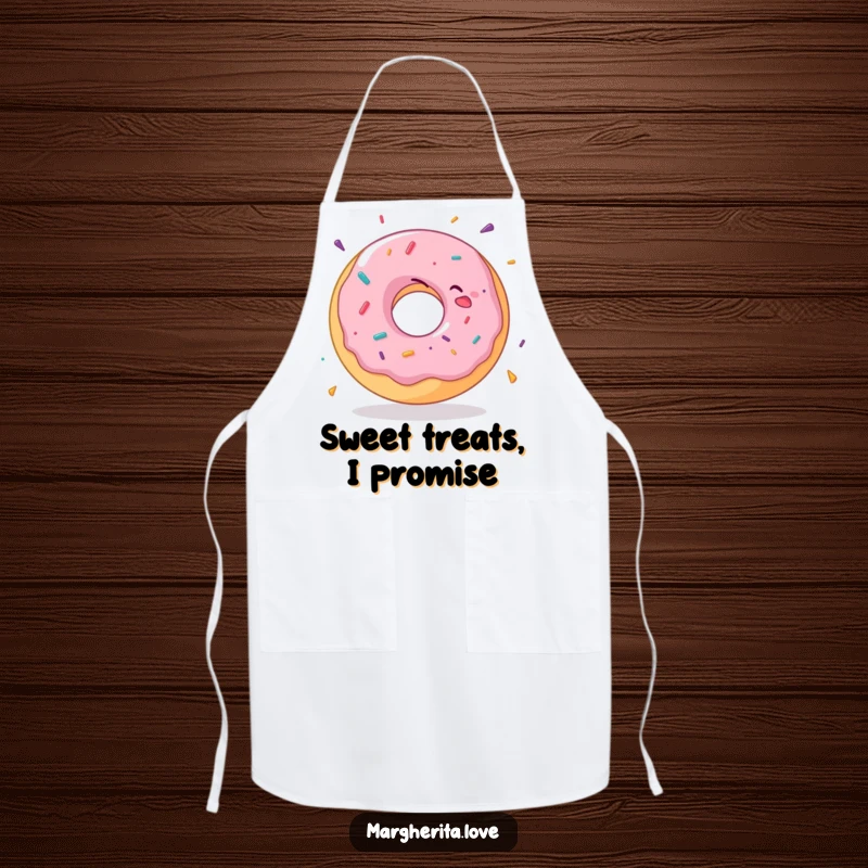 Funny donut apron featuring a delighted donut spinning joyfully, adding a whimsical touch to kitchen activities.