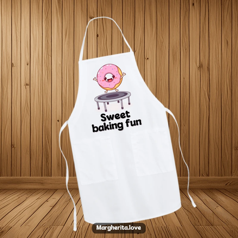 Funny bouncy donut character jumping on a trampoline, fun kitchen apron.