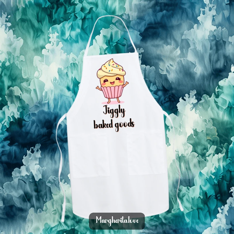 A giggling cupcake with sprinkles doing a little jig, shown on a kitchen apron, ready for sweet baking.