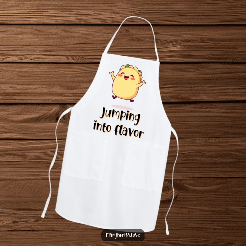 Funny happy taco jump apron, showing a plump, joyful taco leaping, ideal for festive cooking.