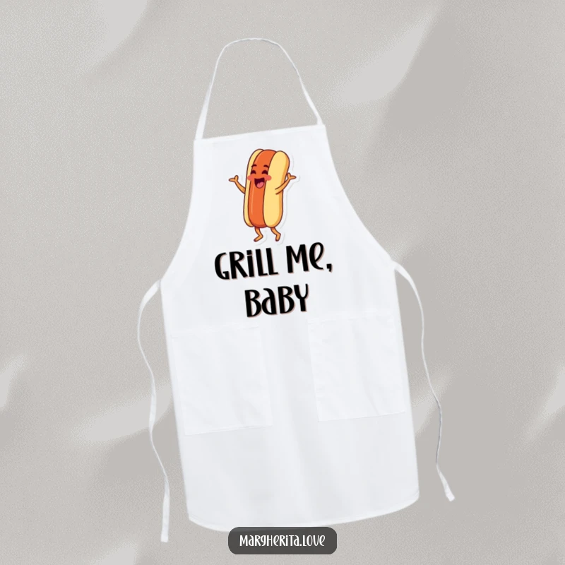 Funny apron featuring a goofy hot dog character doing a silly jig, perfect for adding humor to culinary creations.