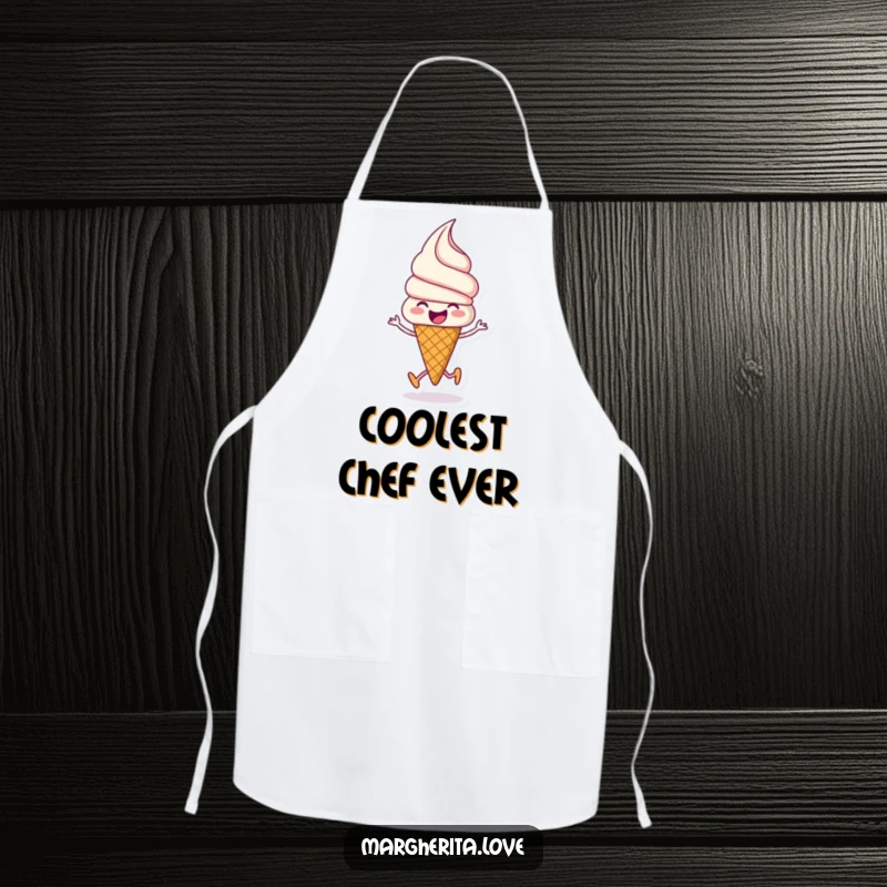 Funny ice cream apron featuring a beaming ice cream cone joyfully skipping, adding a whimsical touch to cooking.