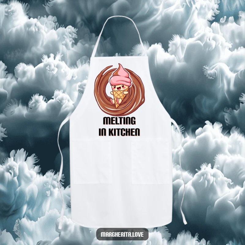 Funny ice cream apron showing a delighted cone character sliding down a chocolate swirl, perfect for a fun and cool cooking experience.
