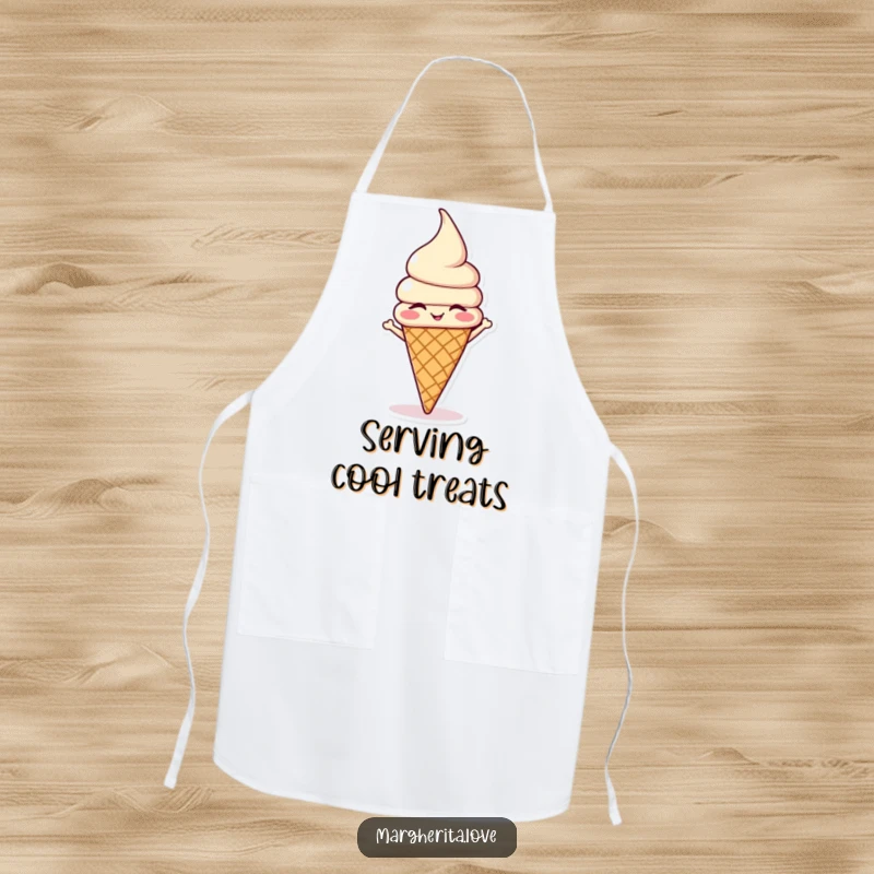 Funny winking ice cream cone doing a headstand while wearing an apron, perfect for humorous kitchen activities.