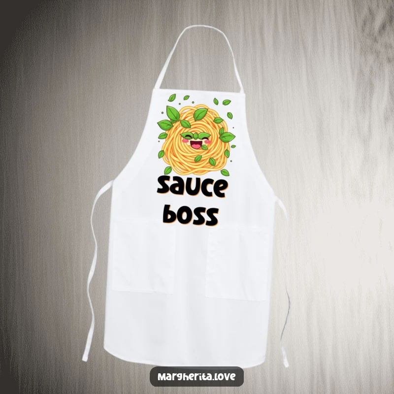 Funny apron depicting a cheerful pasta swirl juggling basil, designed for chefs who appreciate kitchen humor.