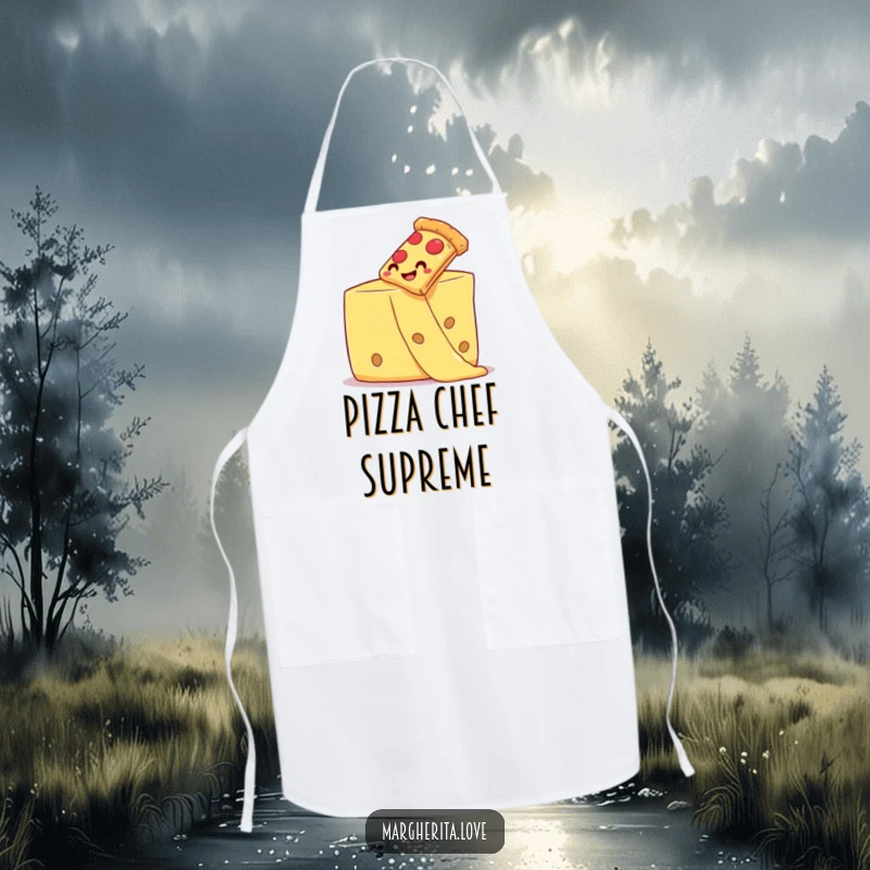 Smiling pizza slice sliding down a cheese strand on a chef's apron, ready for kitchen fun.