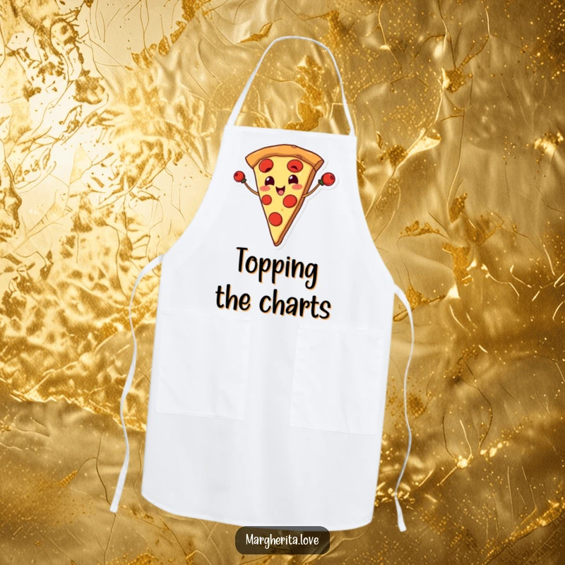 Funny apron featuring a smiling pizza slice juggling pepperoni, perfect for chefs and pizza enthusiasts.