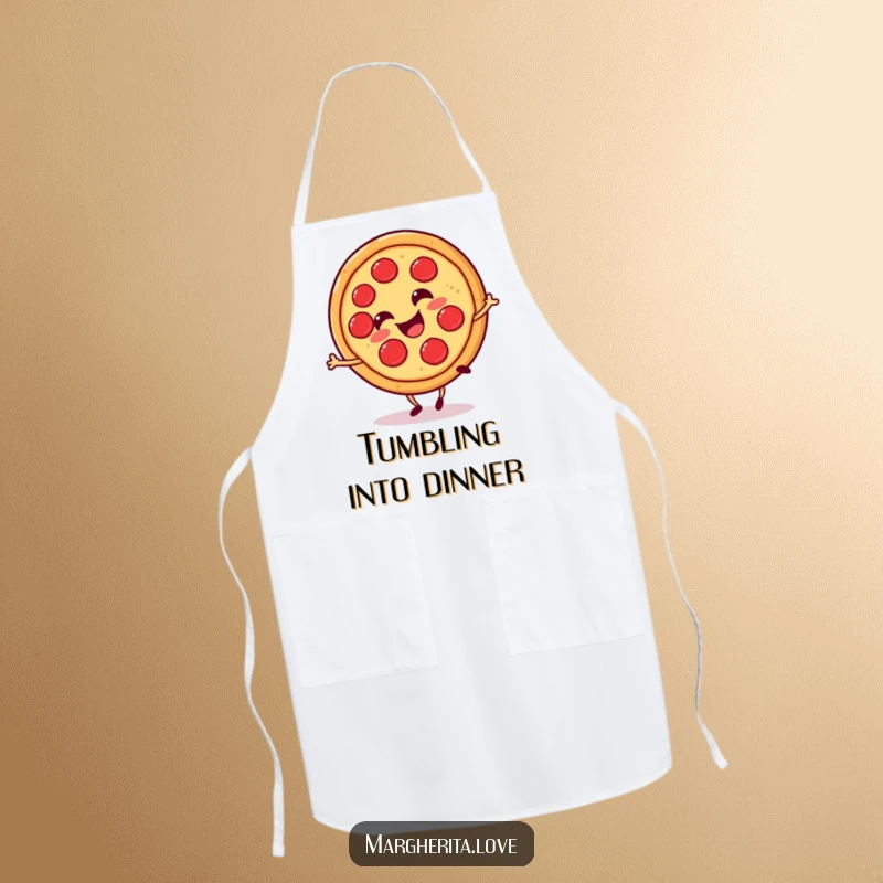 Funny pizza slice cartwheel apron, showing a happy pizza slice gleefully cartwheeling, ideal for fun cooking.