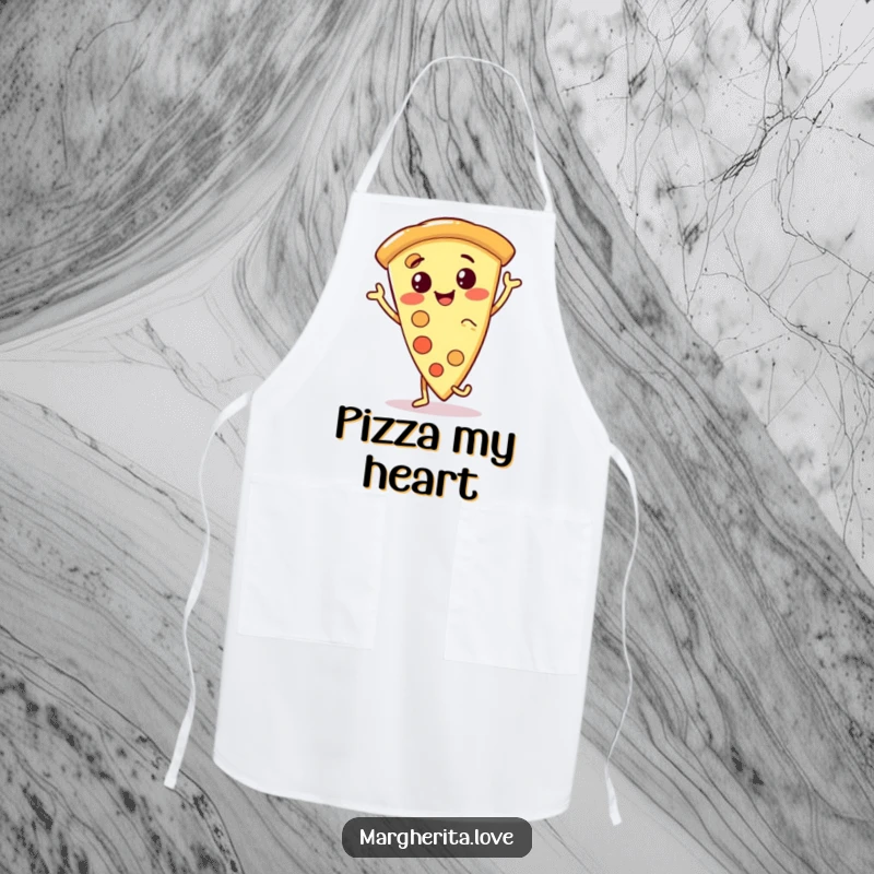 Funny pizza slice apron featuring a smiling, anthropomorphic pizza character doing a happy dance, designed for kitchen fun and culinary laughs.