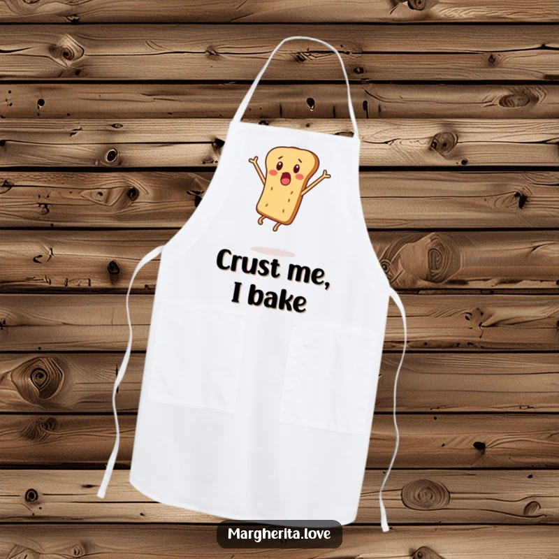 Funny apron depicting a surprised breadstick person leaping, designed for cooks who enjoy kitchen humor.