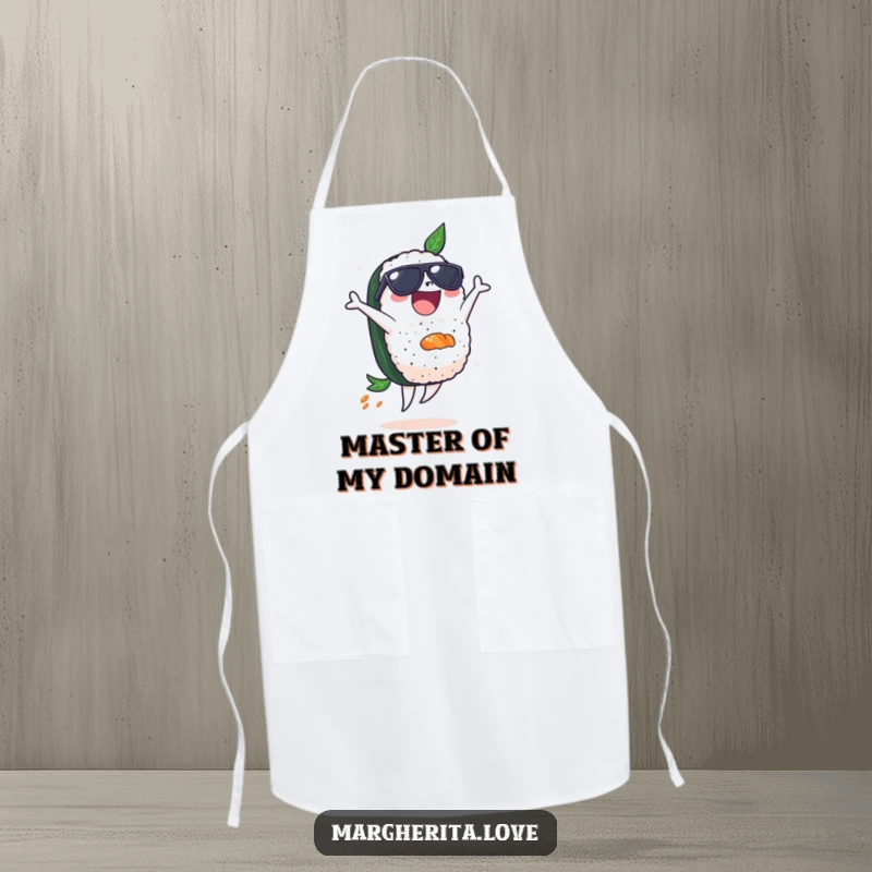 Funny apron showing a delighted sushi piece wearing sunglasses, doing a backflip, perfect for chefs who love to have fun.