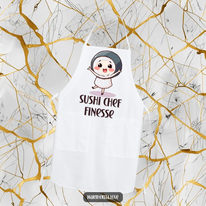 Smiling sushi roll character performing a pirouette, featured on a functional and humorous apron for elegant kitchens.