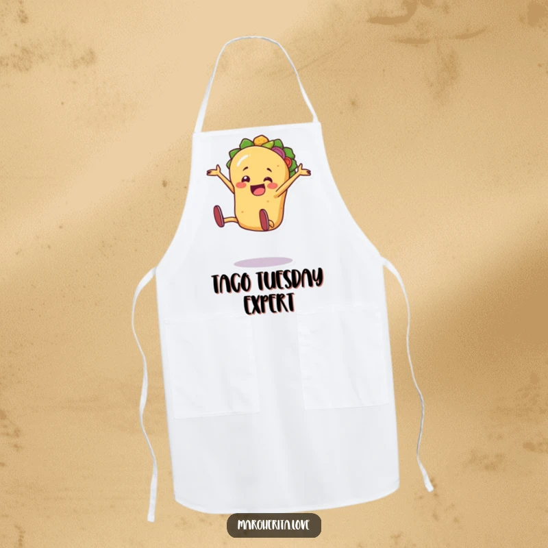 Jaunty taco person doing an excited cartwheel on a chef's apron, ready for fiesta cooking.