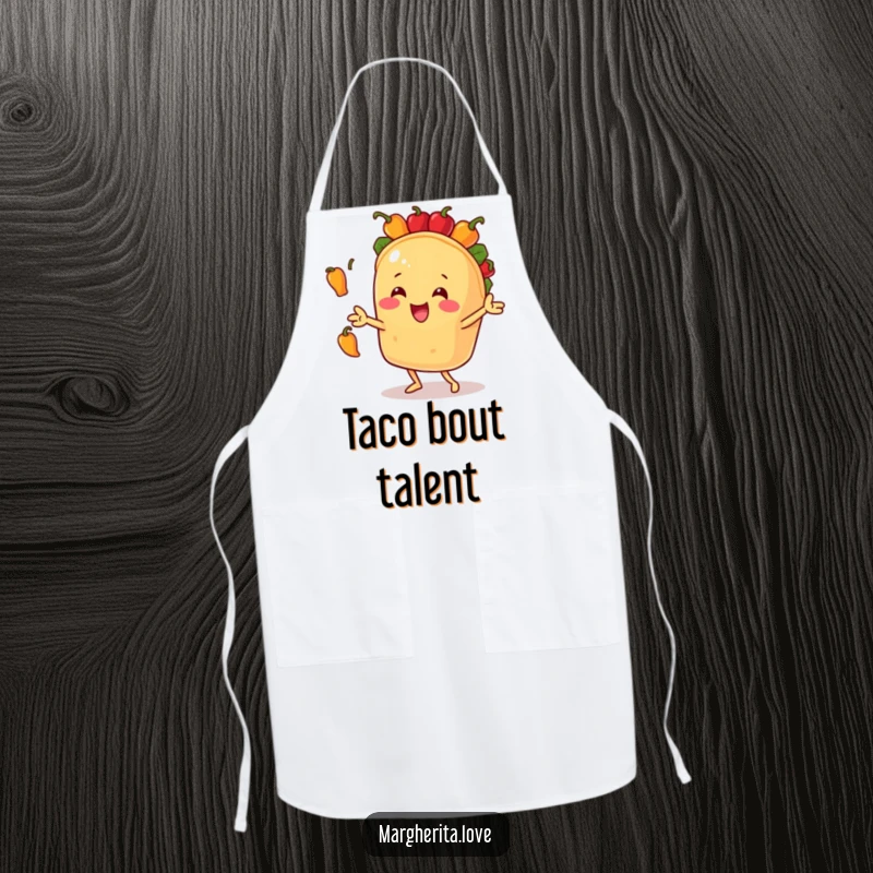 Funny apron showcasing a happy taco character energetically juggling small bell peppers, ideal for a playful cooking experience.