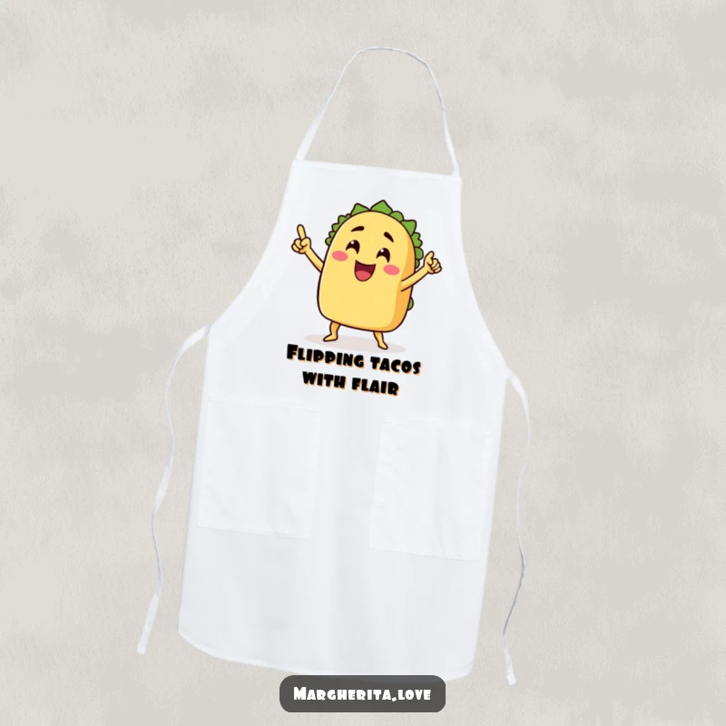 Funny apron graphic of a grinning taco with arms doing a victory dance, bringing festive humor to kitchen tasks, excellent funny gift.