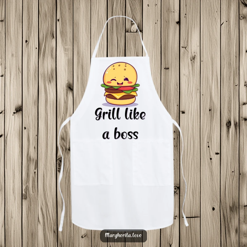 Funny cheeseburger wink apron depicting a giggling cheeseburger giving a playful wink, designed for kitchen fun and humorous cooking.