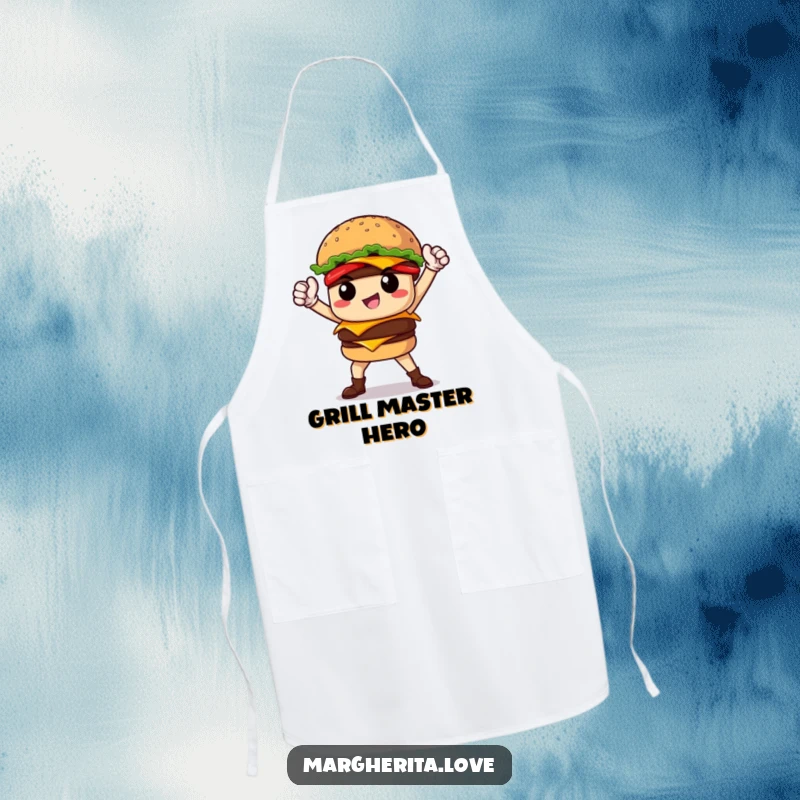 Funny proud burger hero posing heroically while wearing an apron, perfect for humorous grilling and cooking.