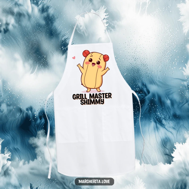 Funny apron with a hot dog character doing a playful shimmy, ideal for cooking and dancing.