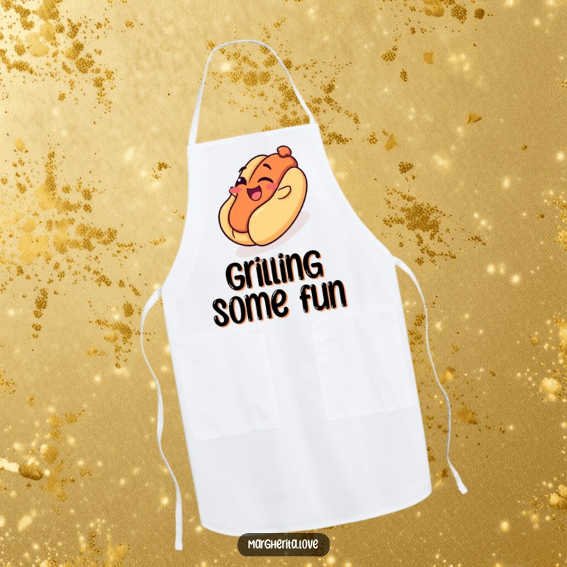 Funny apron: A winking hot dog slides down a bun like a playground, ready for kitchen adventures with a humorous twist.