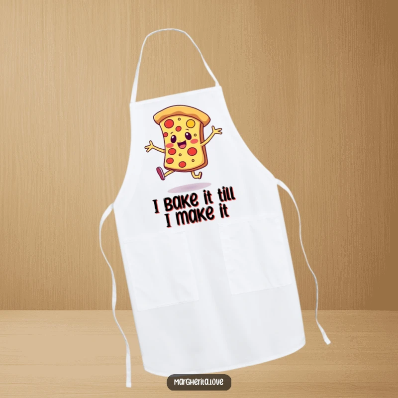 Funny apron showing a cheerful pizza slice with legs, dancing joyfully, perfect for chefs who love to have fun.