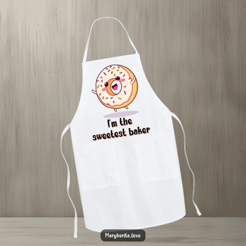 Funny apron showing a giggling donut with sprinkles, doing a cartwheel, perfect for bakers who love to have fun.
