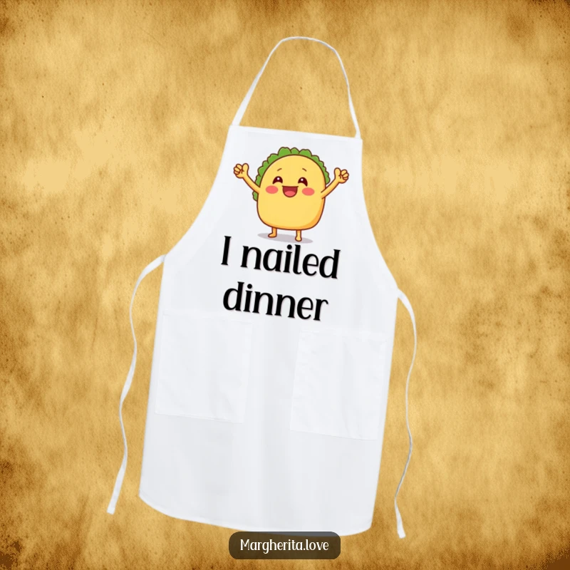 Funny apron showcasing a grinning taco doing a celebratory dance, perfect for a joyful cooking experience.