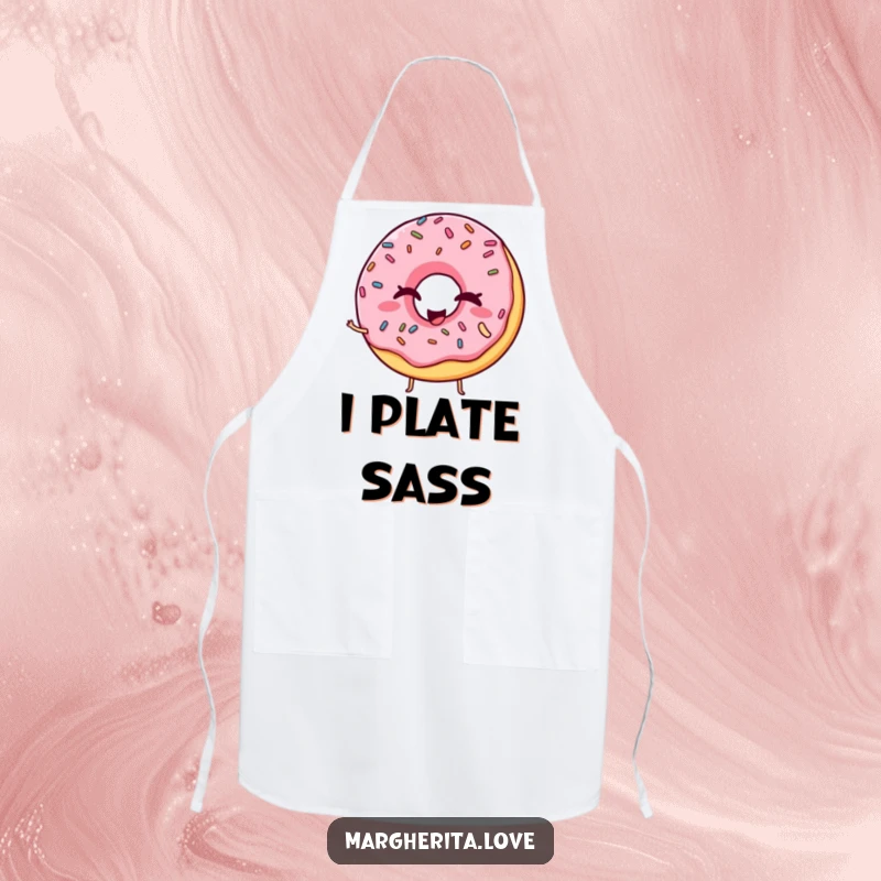 Funny apron with a winking donut and sprinkles striking a silly pose, perfect for adding fun to cooking.
